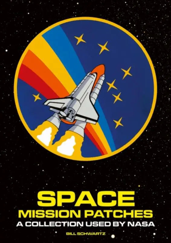 Een gestileerd nasa ruimteveer patch met wit en oranje ruimtevaartuig tegen blauw, geel en rood stralend achtergronddesign voor space mission patches