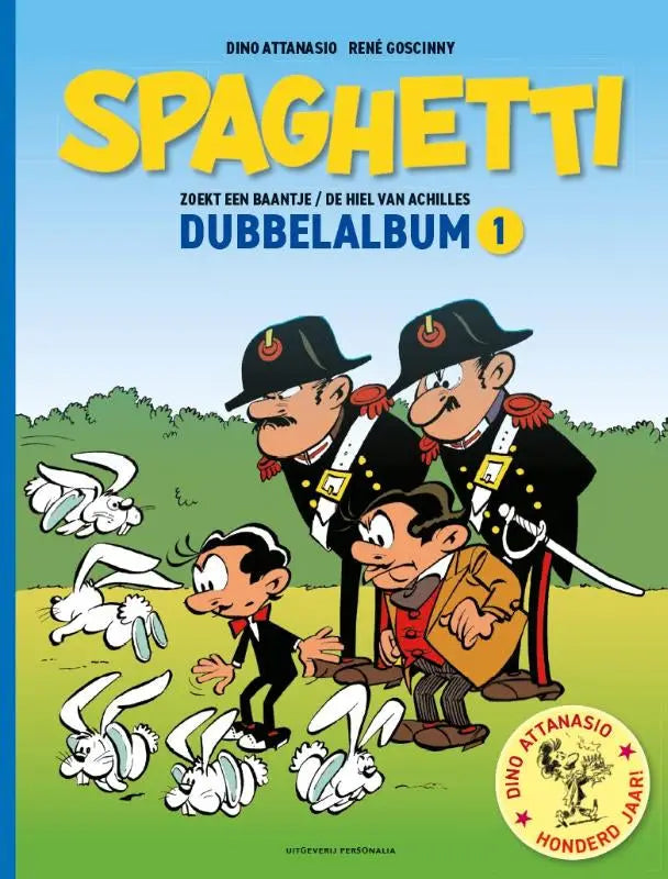 Gele en blauwe stripboekcover van spaghetti dubbelalbum met zwarte pak en rode das, witte konijnen en twee uniformagenten