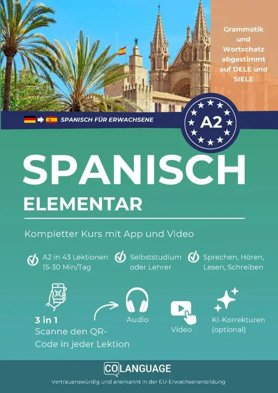 Teal en witte cover van een spaanstalig leerboek voor volwassenen spanisch a2 elementar compleet kurs mit app en video