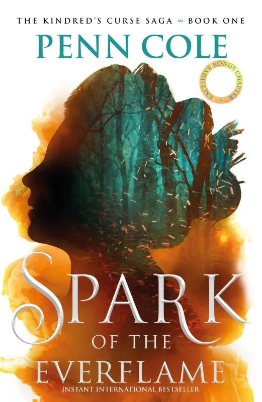 The book cover of spark of the everflame the first book in an epic romantasy series with teal and orange forest silhouette