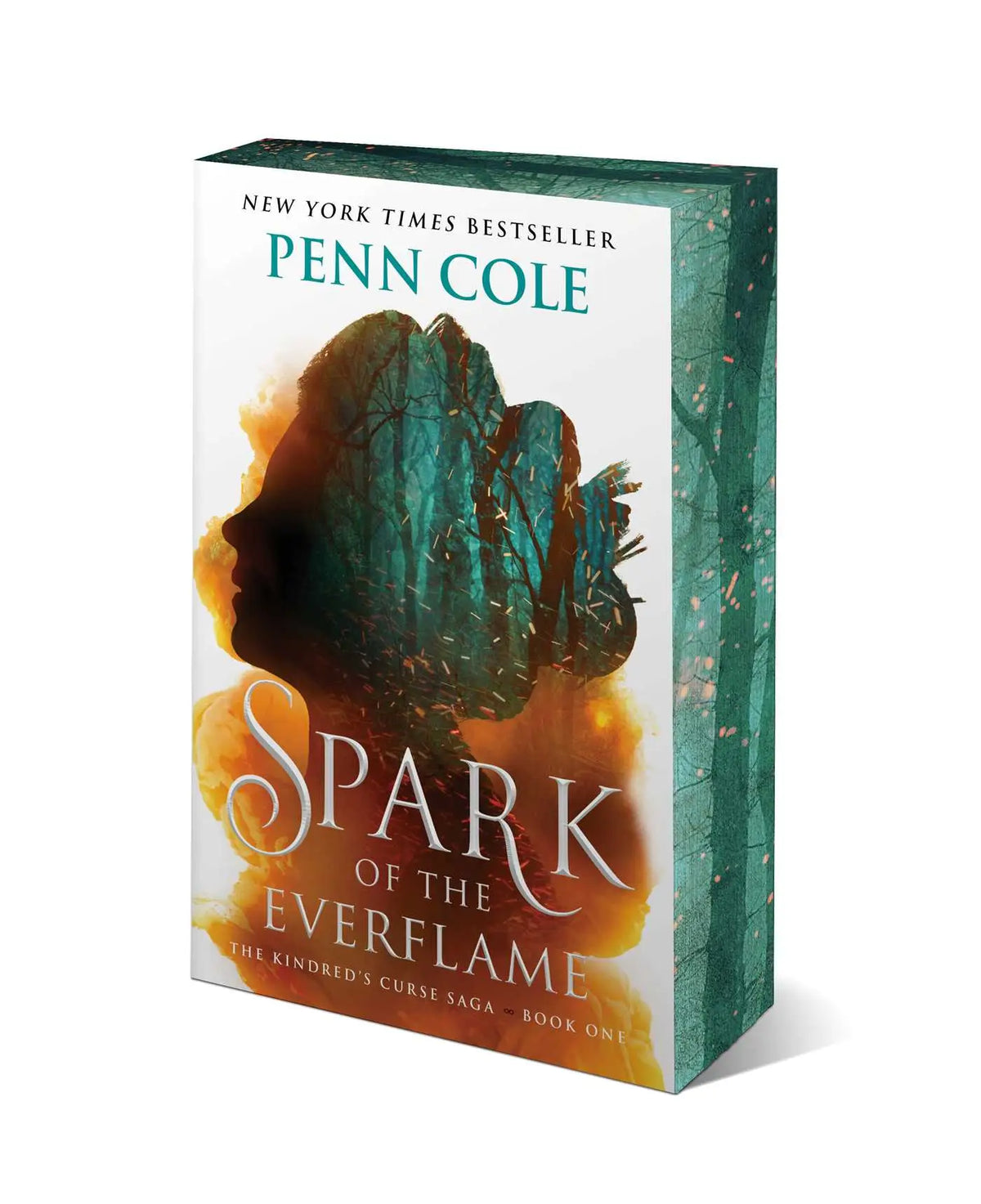De roman spark of the everflame van penn cole met een omslagillustratie van een silhouet tegen een vurige oranje en teal bosachtergrond
