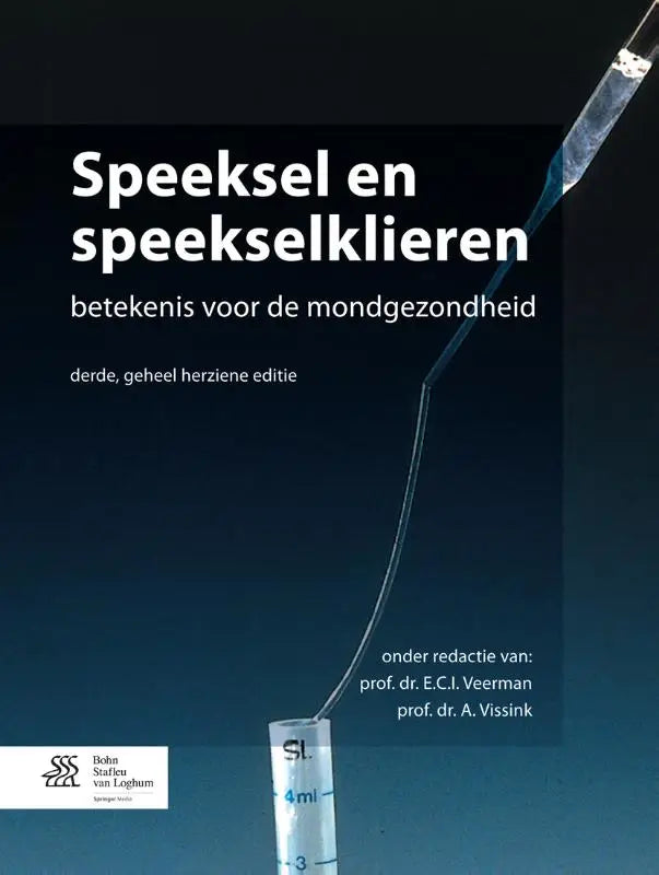 Een heldere glazen gegradueerde cilinder met blauwe meetmarkeringen en een pipet die vloeistof in speeksel en speekselklieren druppelt bsl media