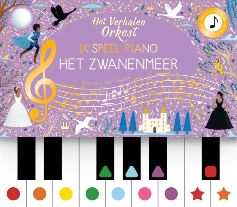Paars kinderboek speel piano het zwanenmeer met toetsenbord en kleurrijke illustraties voor jonge lezers