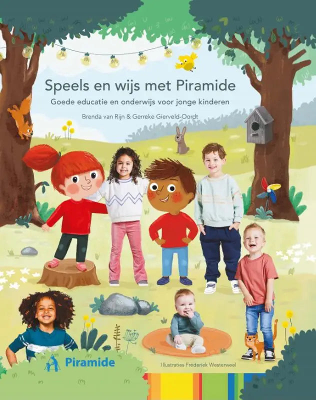 De kleurrijke voorkant van het educatieve boek speels en wijs met piramide voor goede educatie van jonge kinderen