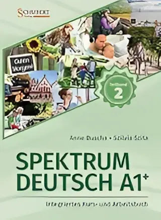 Groen en wit spektrum deutsch a1+ werkboek met kleurrijke illustraties van mensen en landschappen voor taalcursus