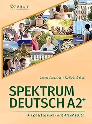 De voorkant van het spektrum deutsch a2+ kursbuch met een collage van diverse mensen en scènes in warme tinten en groene letters