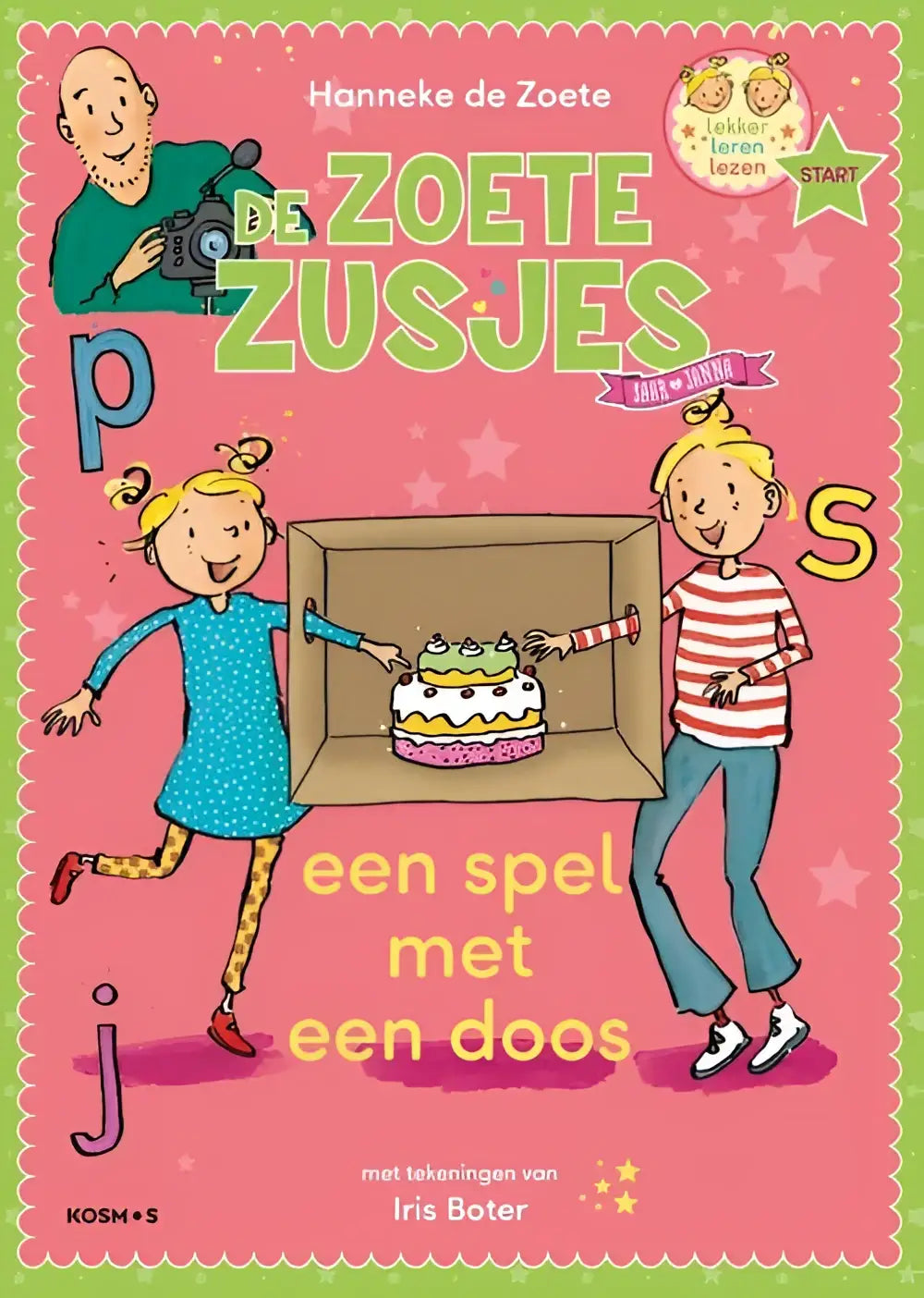 Roze kinderboek een spel met een doos toont twee meisjes die een doos openen met een laagjescake zoete zusjes leren lezen