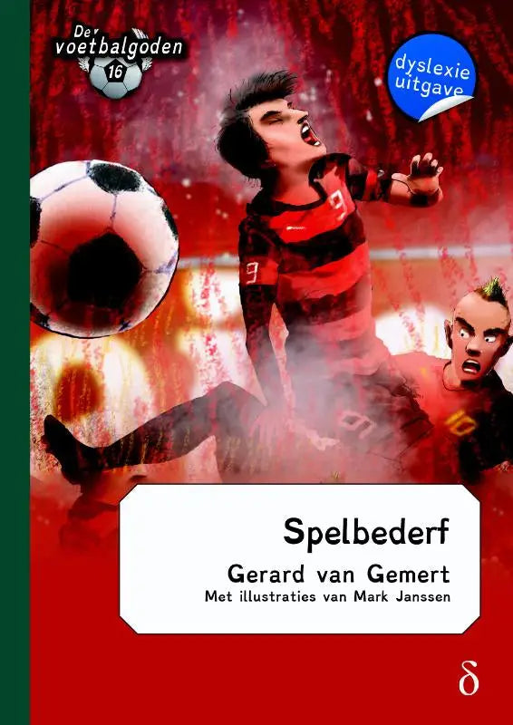 Rood zwarte gestreepte voetbalshirt met nummer 9 op mouw gedragen door cartoonspeler in actie uit voetbalgoden deel