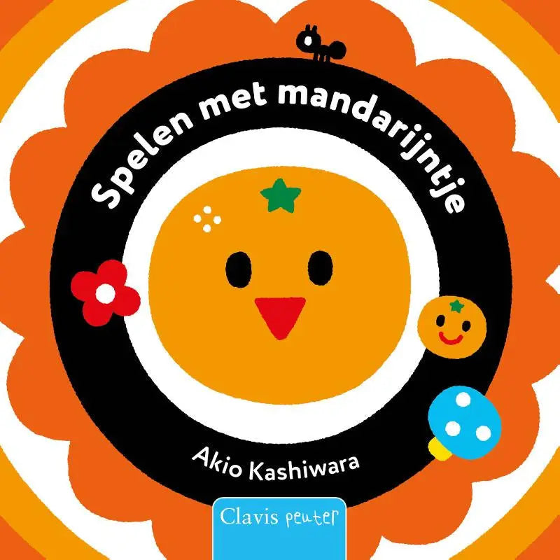 Heldere oranje cartoon mandarijntje met groene ster zwarte ogen en rode driehoekige neus voor spelen met mandarijntje van kashiwara akio clavis bvba