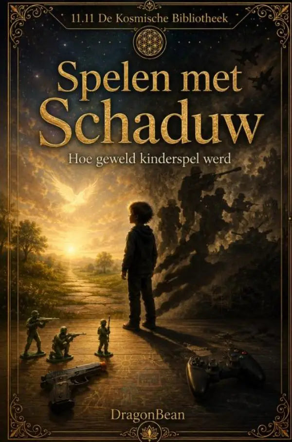 De boekcover van spelen met schaduw toont gouden letters en kinderen die geweld kinderspel spelen bij kosmische bibliotheek