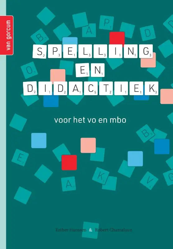 Teal kleurige boekcover spelling en didactiek met witte lettertegels van arina banga en esther hanssen door van gorcum