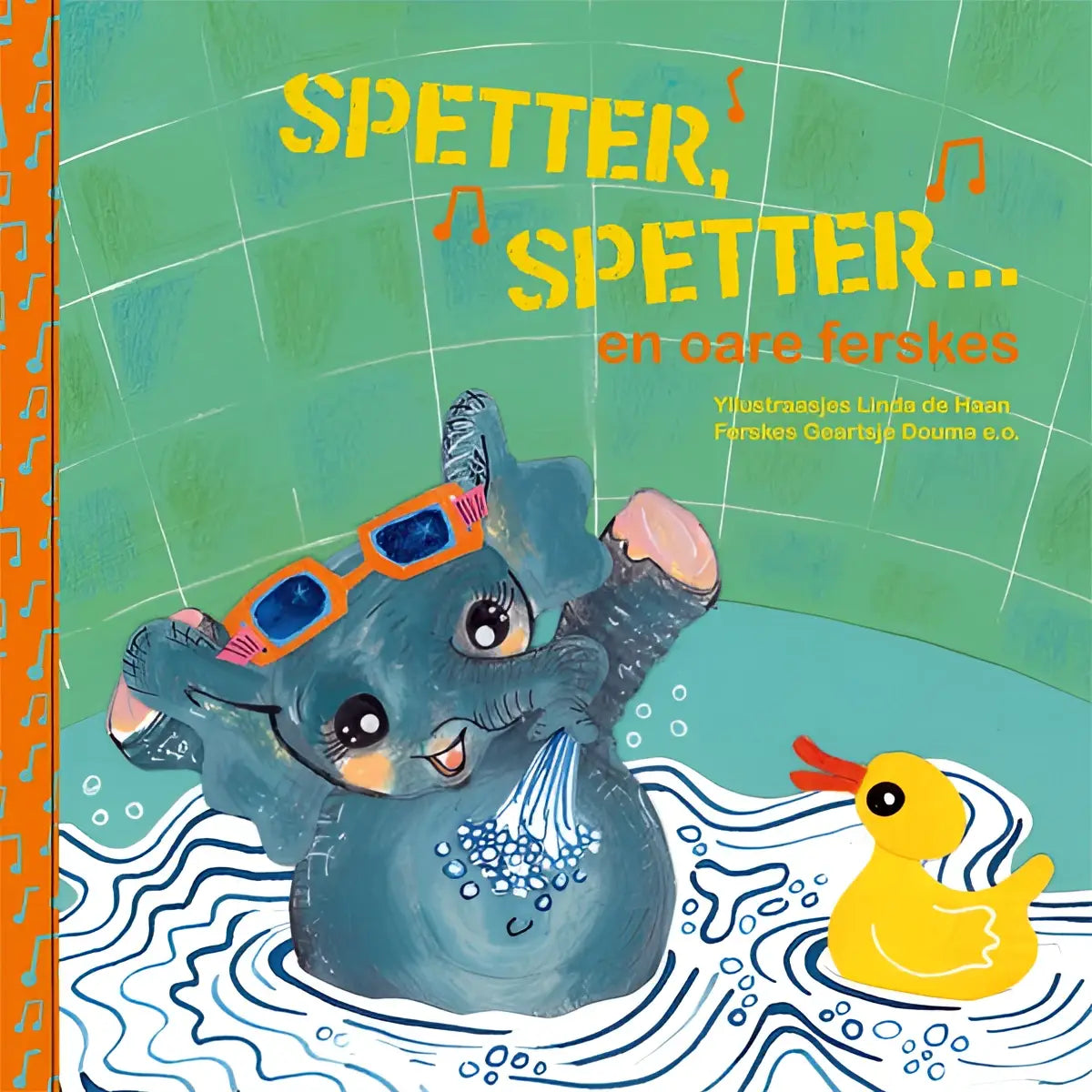 Blauwe cartoonolifant met oranje en blauwe zonnebril spettert in bad met bellen in spetter spetter en oare ferskes voor jonge lezers