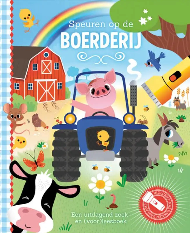 Een kleurrijk kinderboek speuren op de boerderij met een roze varken op een blauwe tractor en boerderijdieren