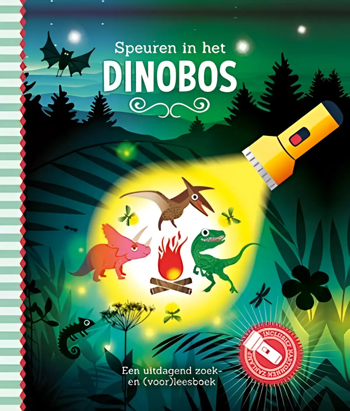 Gele zaklamp met rode knop en zilveren accenten die licht schijnt op kleurrijke dinosaurussen in speuren in het dinobos