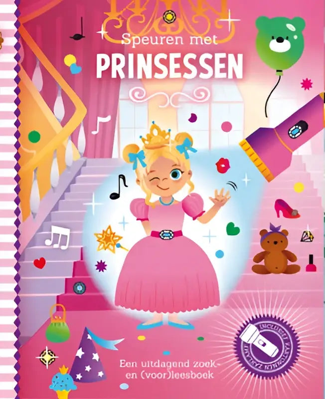Een levendig roze prinsessenboek omslag met een cartoonmeisje in een jurk en gouden kroon voor speuren met prinsessen