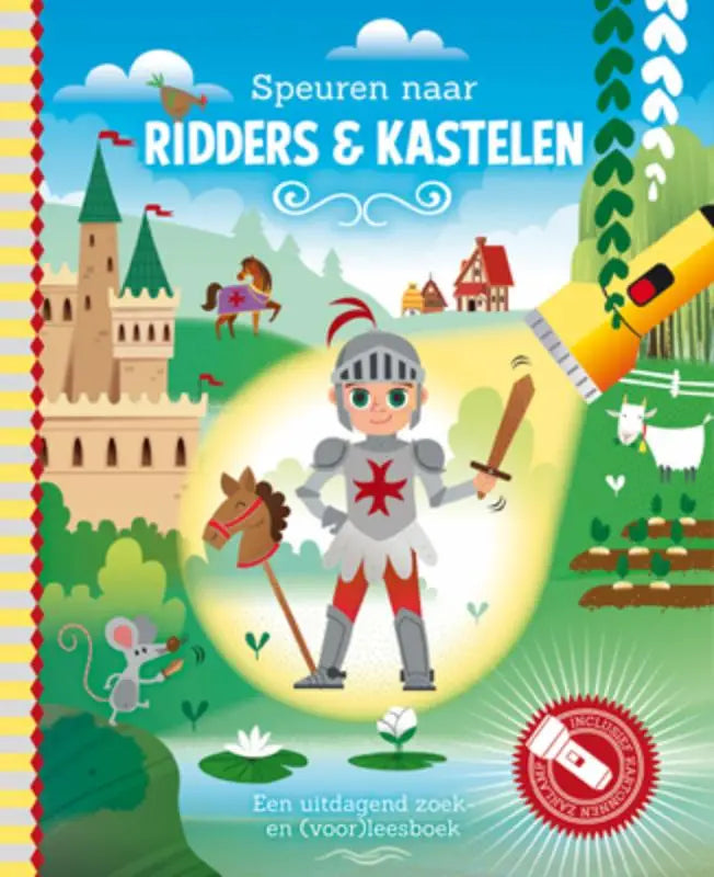 Kinderactiviteitboek speuren naar ridders en kastelen met cartoon ridder en leuke weetjes over kartonnen zaklamp