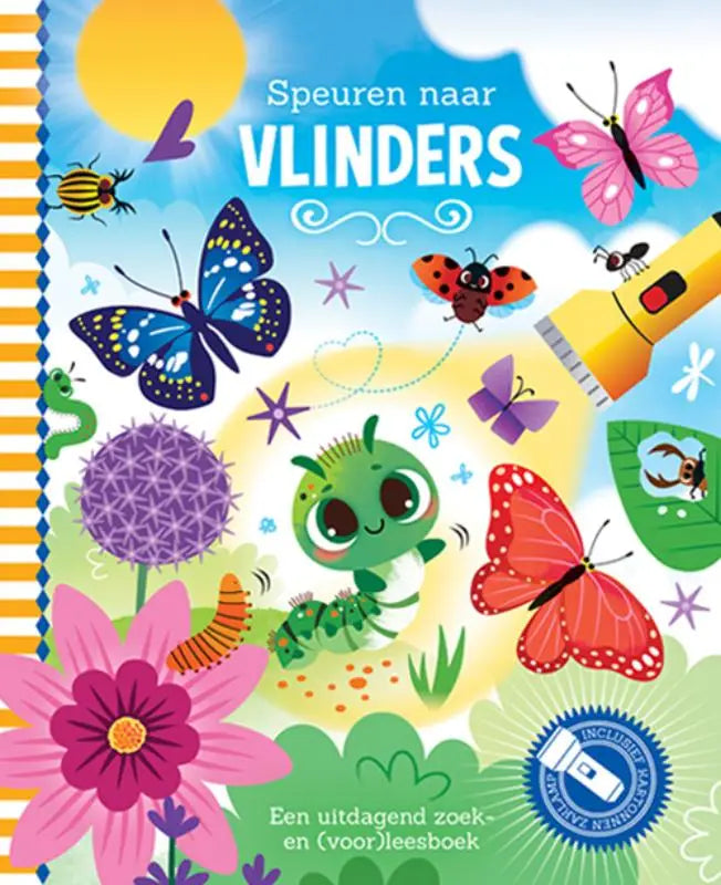 Vibrant uitdagend zoek- kartonnen boek speuren naar vlinders met kleurrijke insecten tegen een blauwe lucht