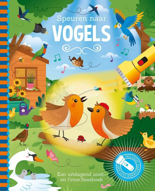 Brightly illustrated children’s book cover speuren naar vogels with vibrant cartoon birds and nature elements featuring gekleurde woorden