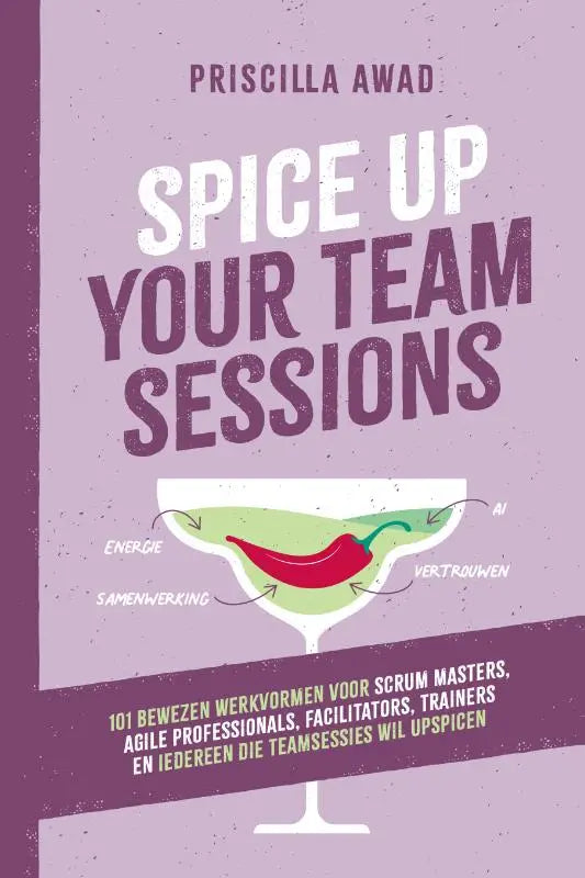 Paars boek met een gestileerde margaritaglasillustratie en een rode chili voor het spice up your team sessions product