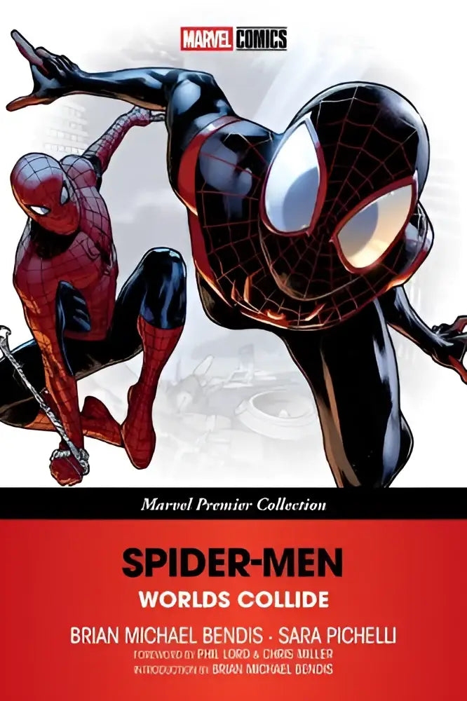 Zwart en rood spider-man op dynamische cover van spider-men worlds collide marvel premier collection comicboek