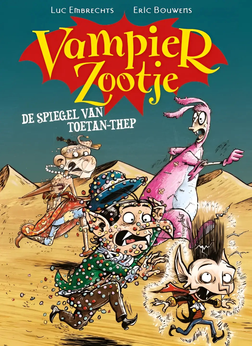 Vampire zootje de spiegel van toetan-thep is een kleurrijke stripboekcover met cartoonfiguren in dynamische woestijnactie voor jonge lezers