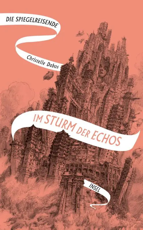 De boekcover van die spiegelreisende 4 toont een gedetailleerd kasteel in sepia op een koraalroze achtergrond als atemberaubende finale voor jonge lezers