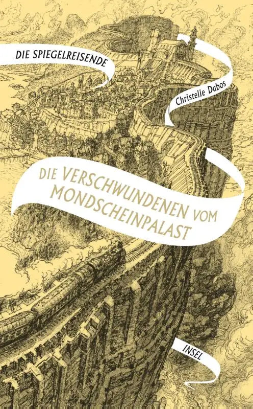 De boekcover van die spiegelreisende band 2 toont zwarte-witte lijntekeningen van een stad van de verschwundenen vom mondscheinpalast