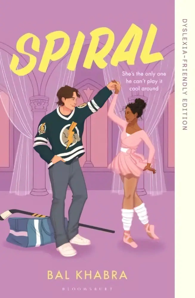 De boekcover van spiral dyslexia-friendly edition toont een paars ontwerp met gele titel en dansende personages