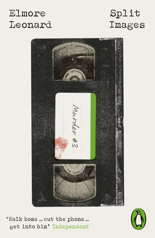 Zwart vhs-tapehoes met witte label, groene rand, handgeschreven murder #3 en rode stempel in split images elmore leonard crime and mystery
