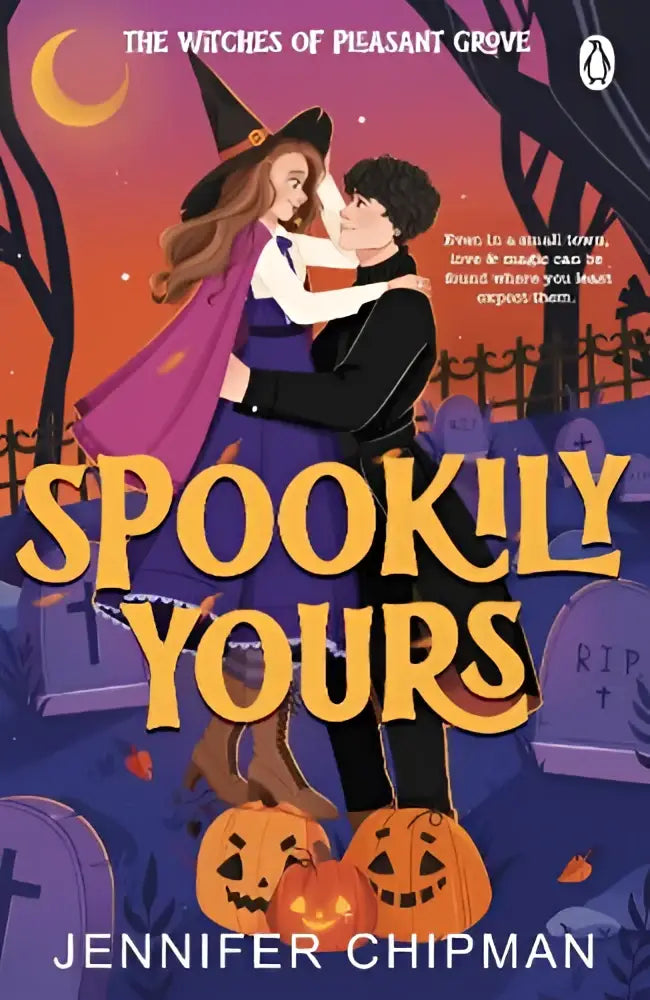 The book cover of spookily yours by jennifer chipman published by michael joseph features a witch and man in halloween attire