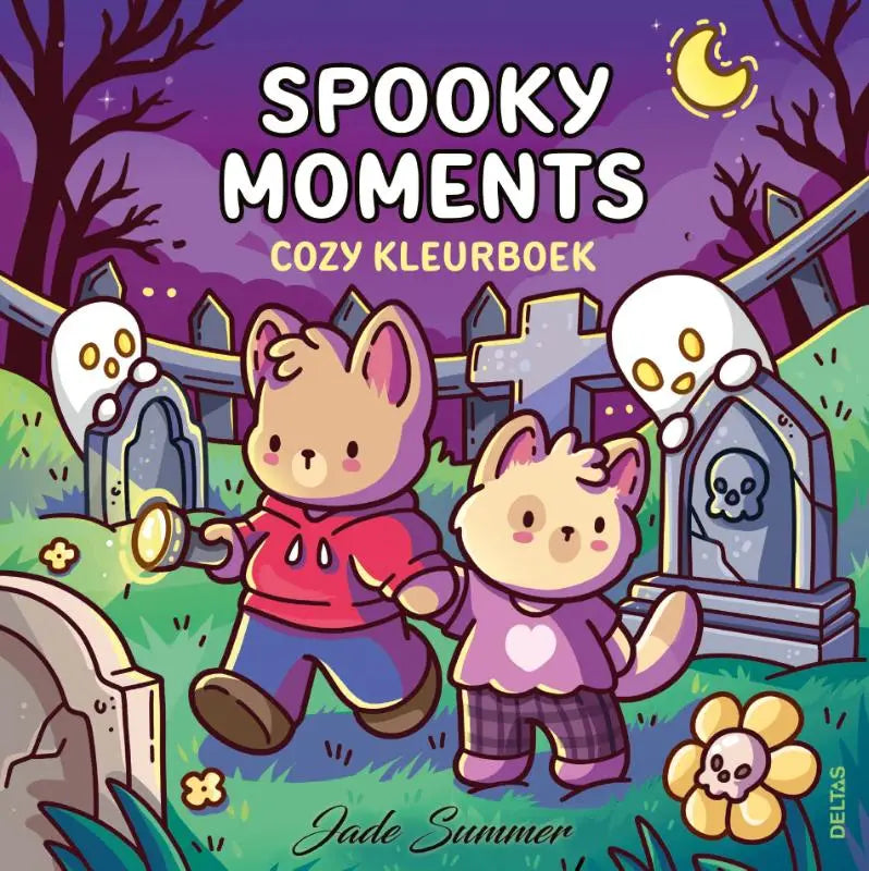Cozy kleurboek jade summer halloween met twee schattige katten in een spookkerkhof onder halve maan