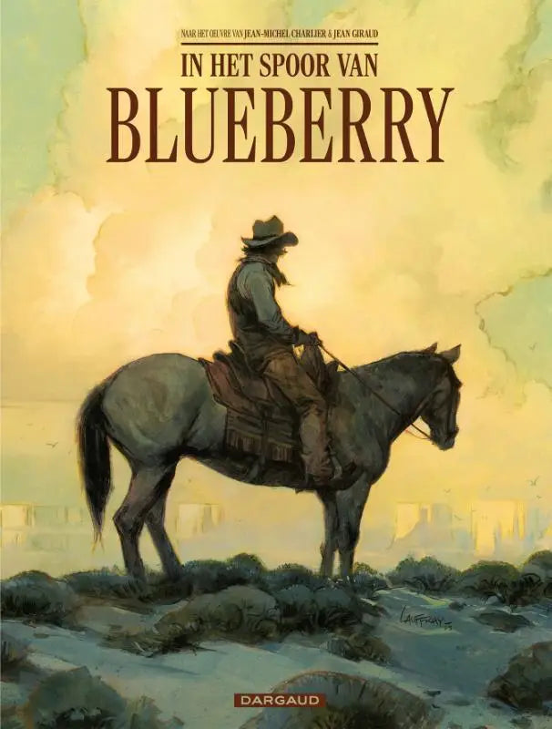 De cover van het stripboek in het spoor van blueberry toont een cowboy op een donkergrijs paard tegen een gouden lucht