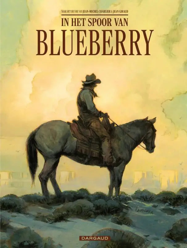 In het spoor van Blueberry toont een donkergrijze paard met ruiter in westernkleding tegen een warme gouden lucht door Fred Duval en Vincent Brugeas Dargaud France