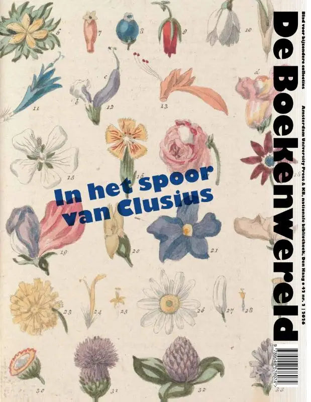 De cover van in het spoor van clusius toont een botanische illustratie in pastelkleuren voor bijzondere collecties