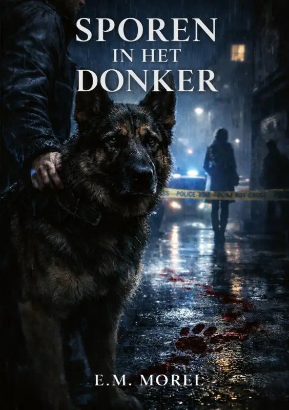 Een duitse herder met donkerbruine en zwarte vacht draagt een harnas in een regenachtige stedelijke scène voor sporen in het donker