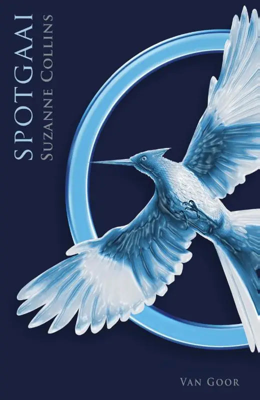 Illustratie van een blauwe kolibrie op een donkerblauwe achtergrond met een lichtblauwe ring voor spotgaai suzanne collins