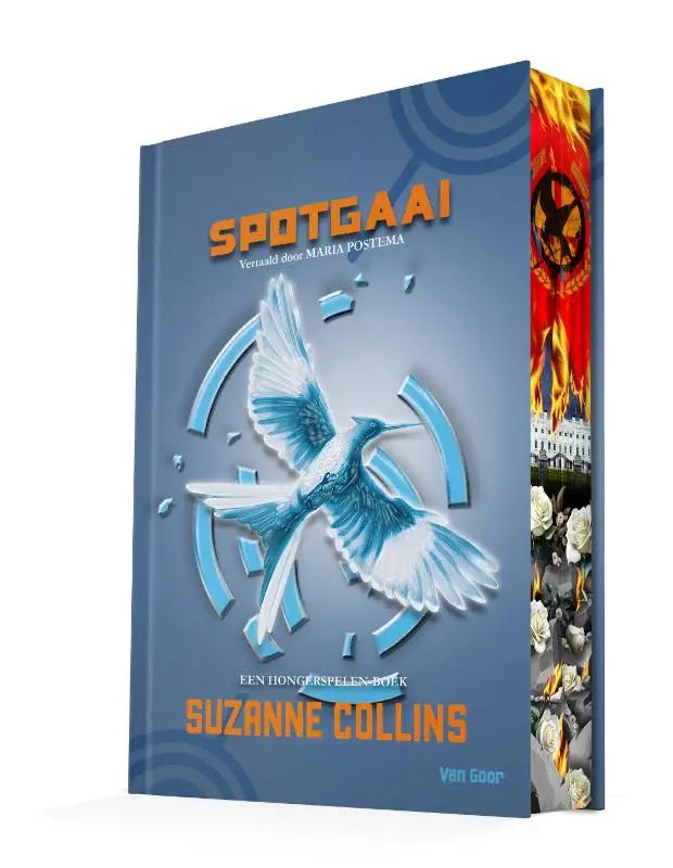 Blauw hardback boek spotgaai met 3d kolibrie illustratie door suzanne collins