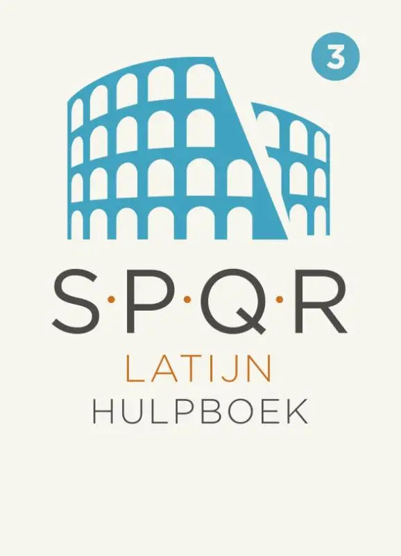 Blauw gestileerd spqr latijn logo van het colosseum boven de tekst spqr latijn hulpboek op lichte achtergrond