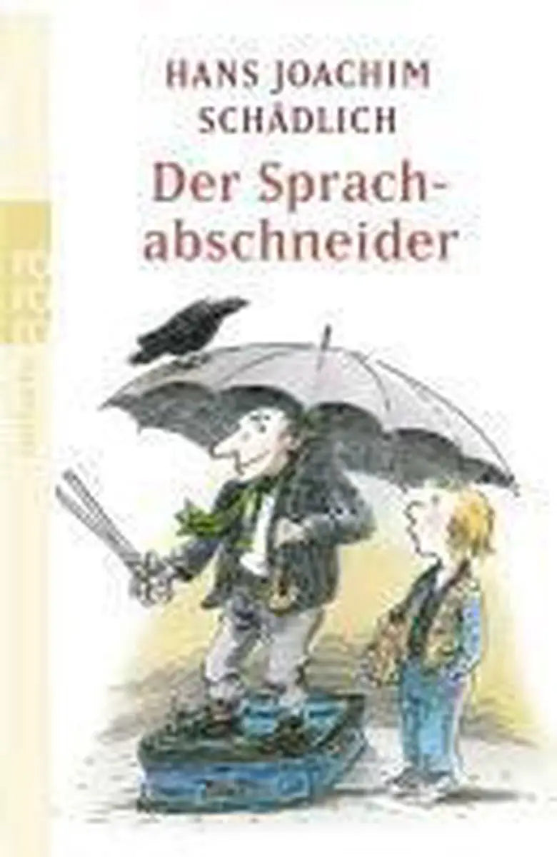 De boekcover van der sprachabschneider toont een zwarte paraplu met een cartoon man en een kleinere figuur met paul