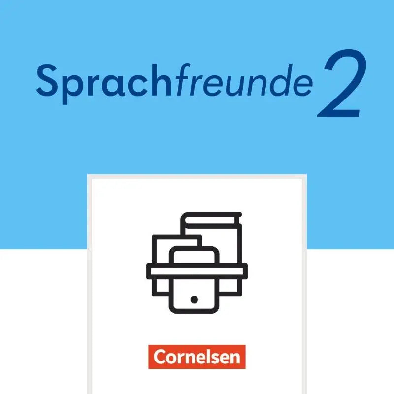 De voorkant van cornelsens sprachfreunde 2 leerboek met zwarte lijntekening van boeken stapel voor östliche bundesländer und berlin