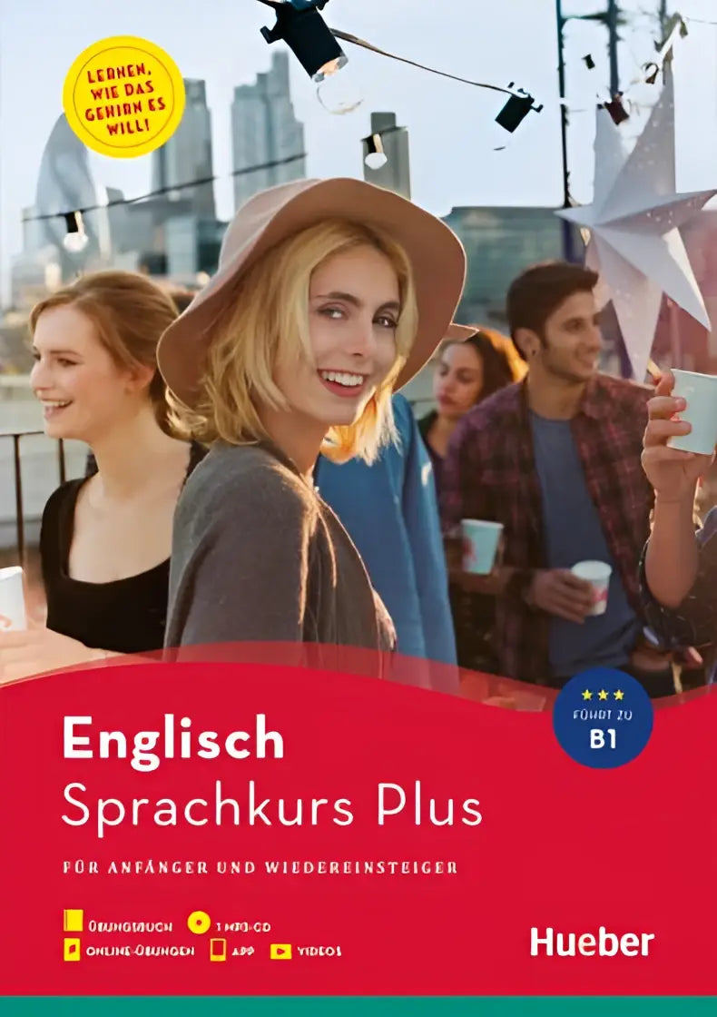 De voorkant van het englisch sprachkurs plus taalpakket van hueber met een lachende vrouw in een brede hoed