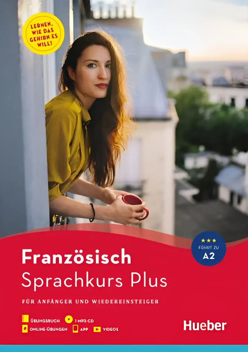 De voorkant van het hueber sprachkurs plus französisch a1 a2 boek met een vrouw in een geel shirt en een rode mok