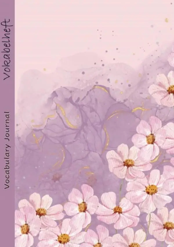 A soft lavender and pink watercolor spalten vocabulary journal with delicate white flowers and golden centers for effective vocabulary training