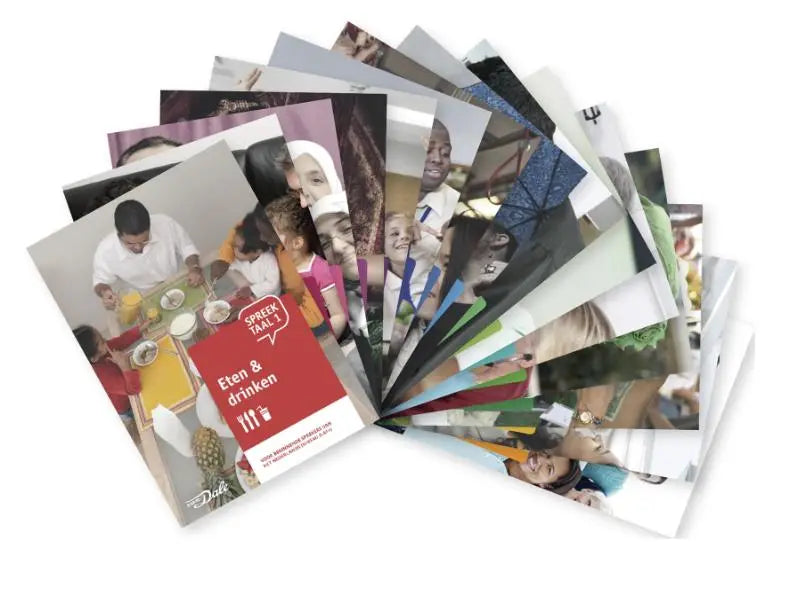 A fanned-out collection of colorful brochures from spreektaal 1 complete serie featuring diverse family scenes and eten & drinken banner