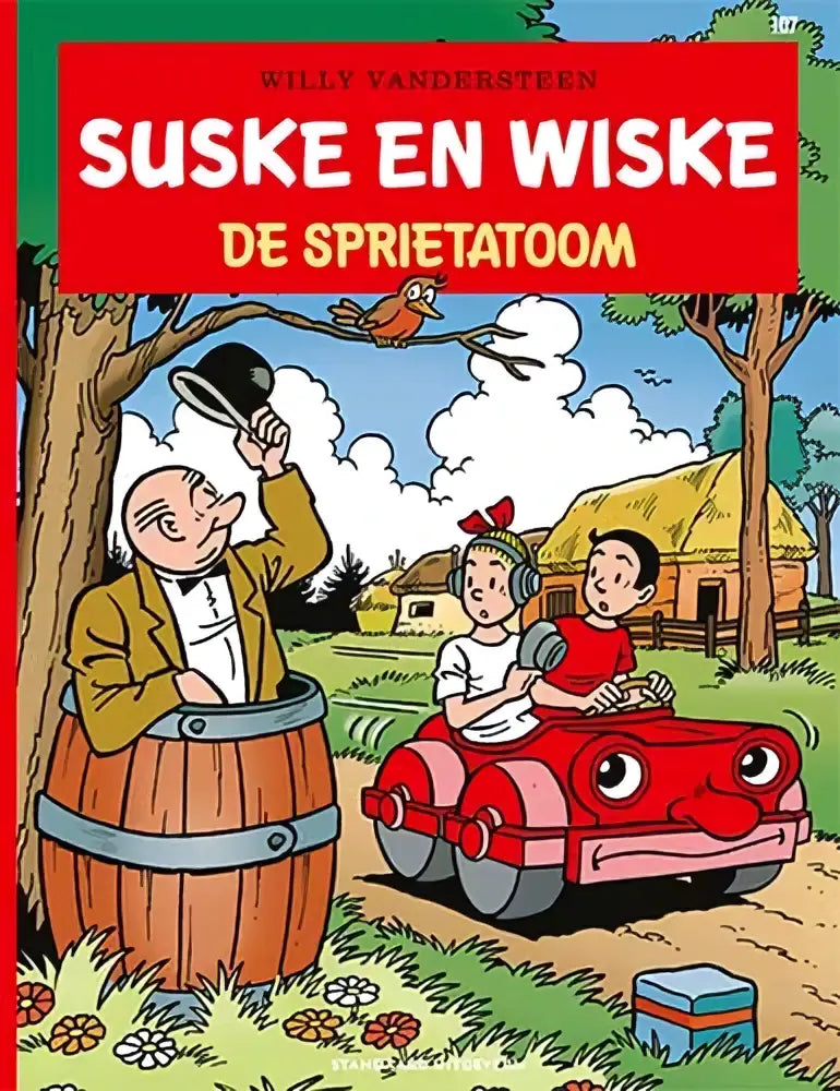 Rode cartoonauto met grote ogen en glimlachend gezicht in vintage stijl van de sprietatoom van willy vandersteen strips algemeen