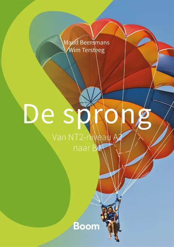 Vibrante multikleurige parachute met oranje rood blauw en groen panelen voor nt2 niveau a2-> b1 oefening