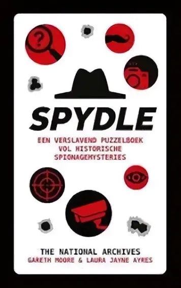 Spydle puzzelboek zwart-wit met rode cirkelvormige iconen en centraal fedora hoed illustratie door gareth moore en laura jayne ayres