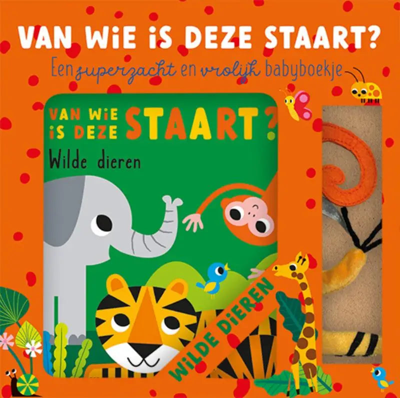Een kleurrijk kinderboek met een groene omslag en wilde dieren zoals een olifant, tijger en giraffe van wie is deze staart
