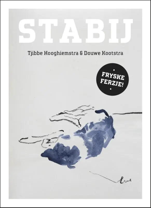 De cover van het boek stabij Fryske ferzje toont een minimalistische blauwe aquarel illustratie op een lichtgrijze achtergrond