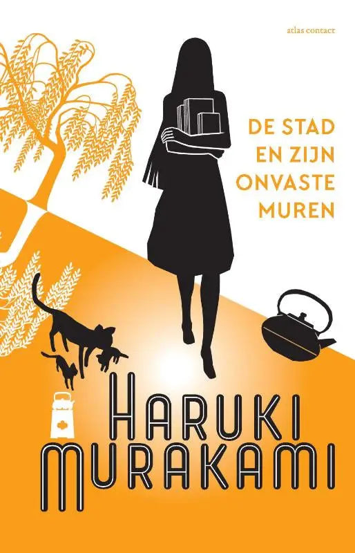 Oranje boekcover van de vertaalde literaire roman de stad en zijn onvaste muren met zwarte vrouwensilhouet en oranje bomen